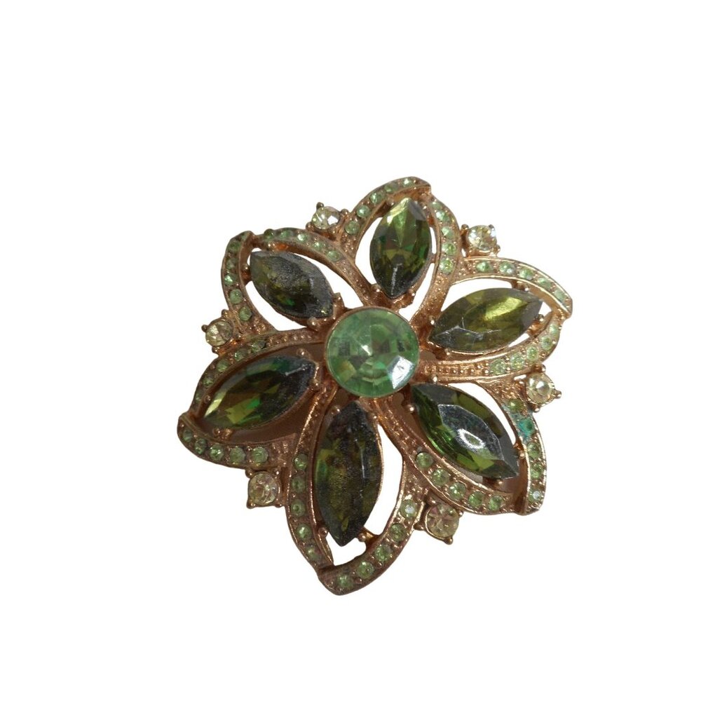Vintage Estate Costume Gold Green "Rhinestone" Brooch Pin Jewelry